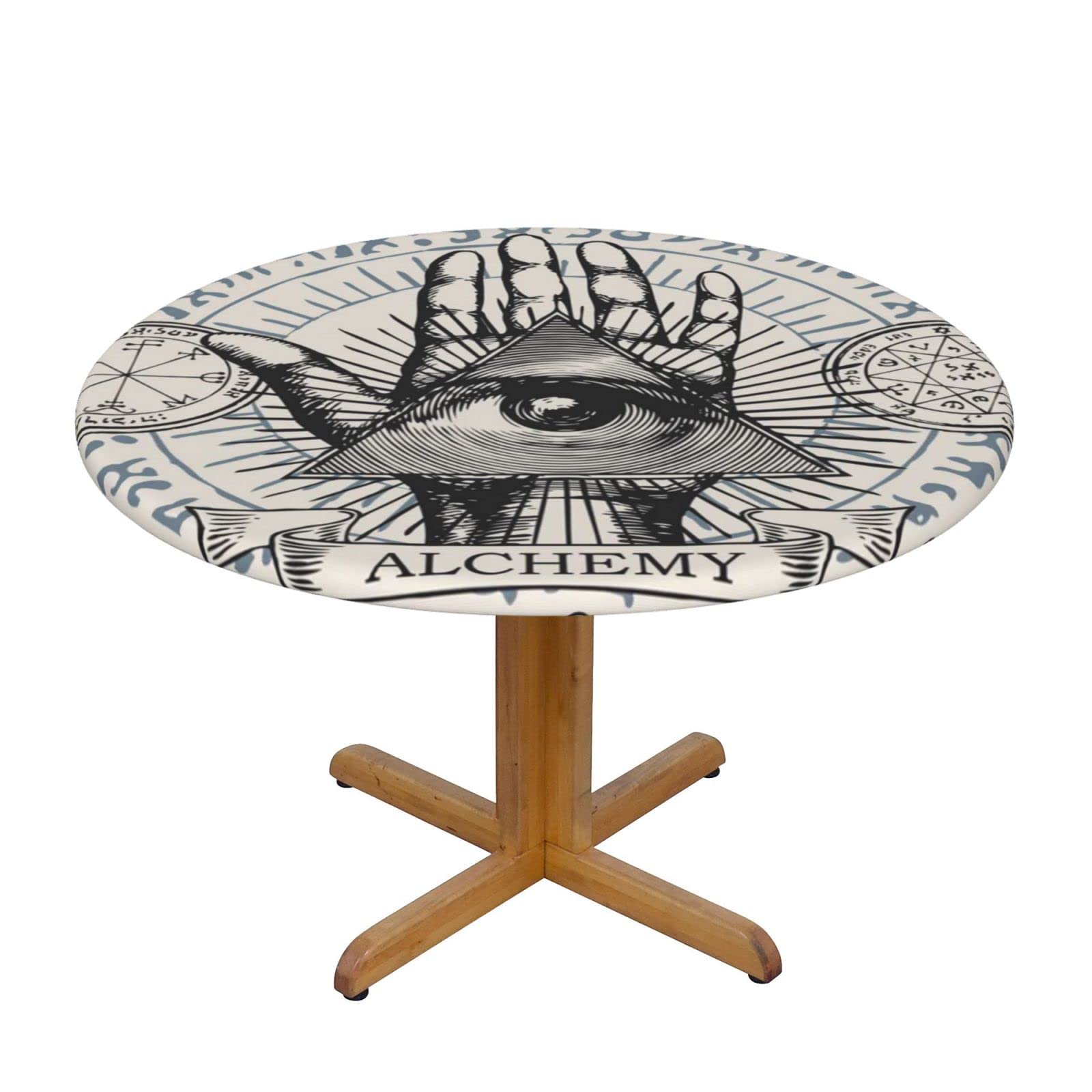Lsjuee Round Fitted Tablecloth 45-50in Elastic Edged Table Cloth for Kitchen Dining Party Home Decor - All Seeing Eye Occult Beige