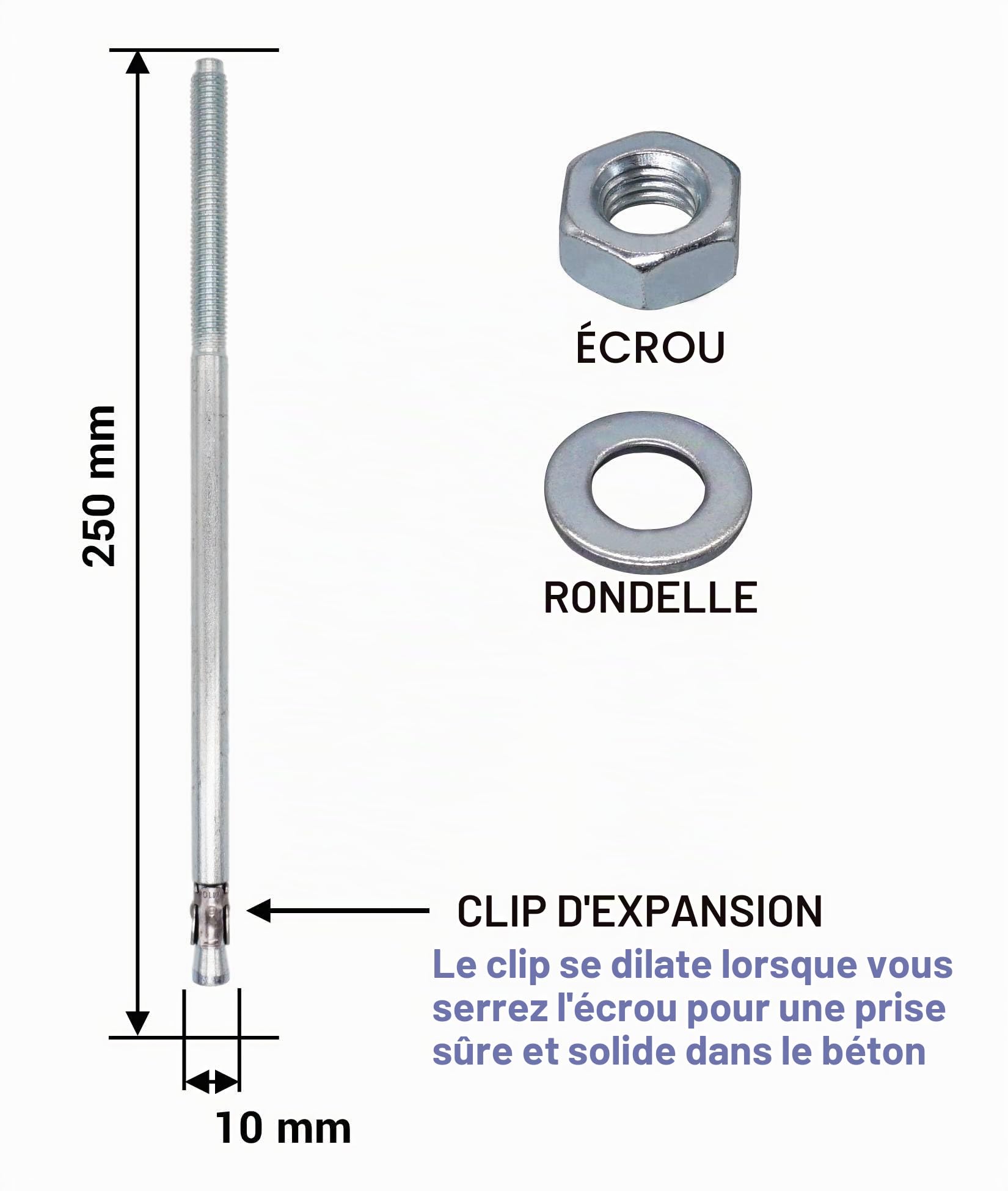 SKIR'CO (10 pcs) Ancres à coin plaquées zinc M10 x 250 mm, goujons métalliques, boulon d'ancrage, ancres de maçonnerie, ancre en béton