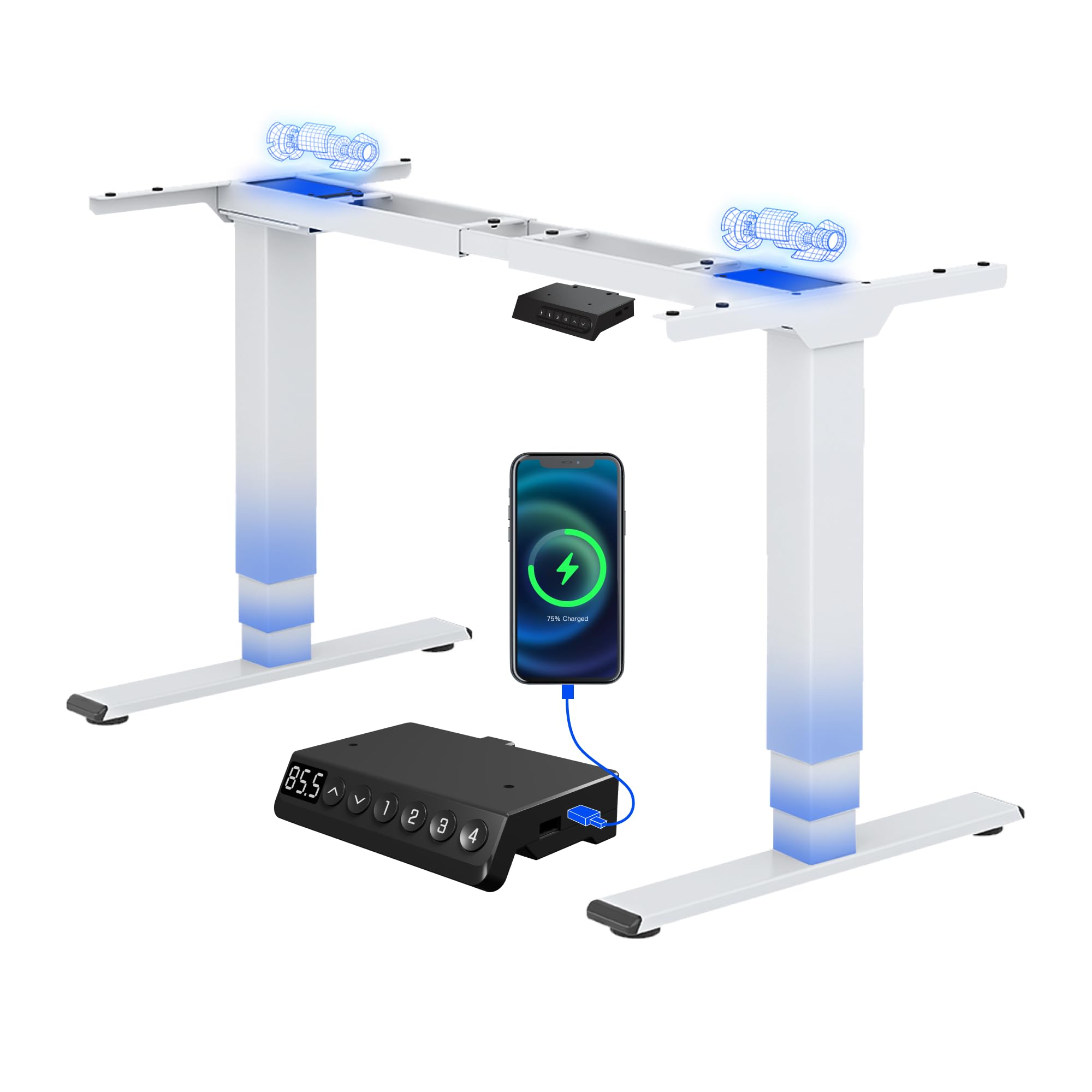 FLEXISPOT E5 Standing Desk Frame Dual Motors 3 Stage, 120KG Heavy Duty Electric Height Adjustable Sit Stand up with LED Memory and USB, White — image 1