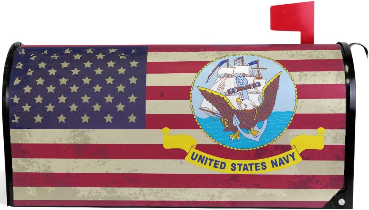 Pfrewn American Flag Navy Patriotic Mailbox Cover Magnetic Standard Size Letter Post Box Cover Wrap Decoration Welcome Home Garden Outdoor 21" Lx 18" W