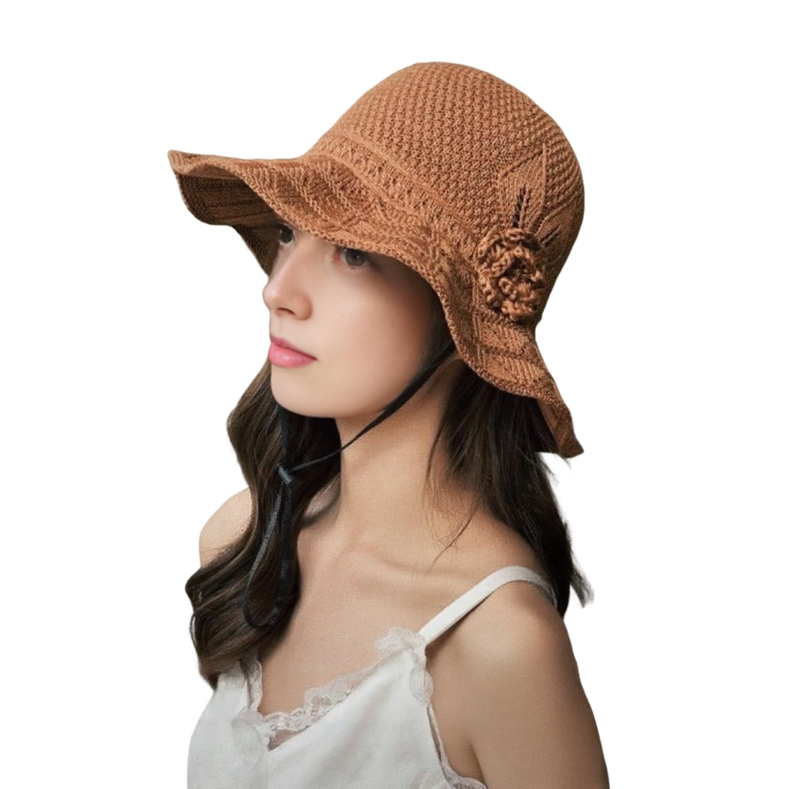 matumou Fisherman Hat with Flower Detail, Wide Brim Glitter Bucket Hat, Knit Design Adjustable Drawstring Knit Hat, Lightweight Hat for