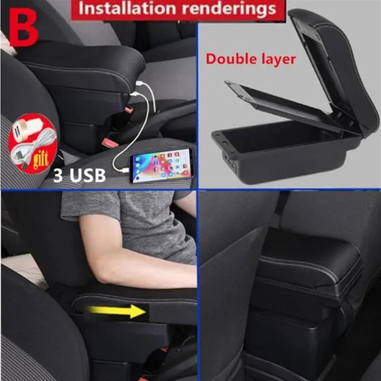 Box Bracciolo Con Supporto Multifunzionale Imbottito In PU Per Accessori La Modifica Degli Interni Dell'auto Per I20 2021-2024 Consolle centrale(B2 Black red 3USB)