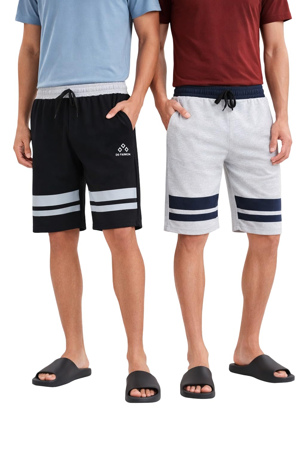 Men Cotton Printed Shorts Elastic Waist Casual Summer Shorts (Black-Grey, L)-image-9