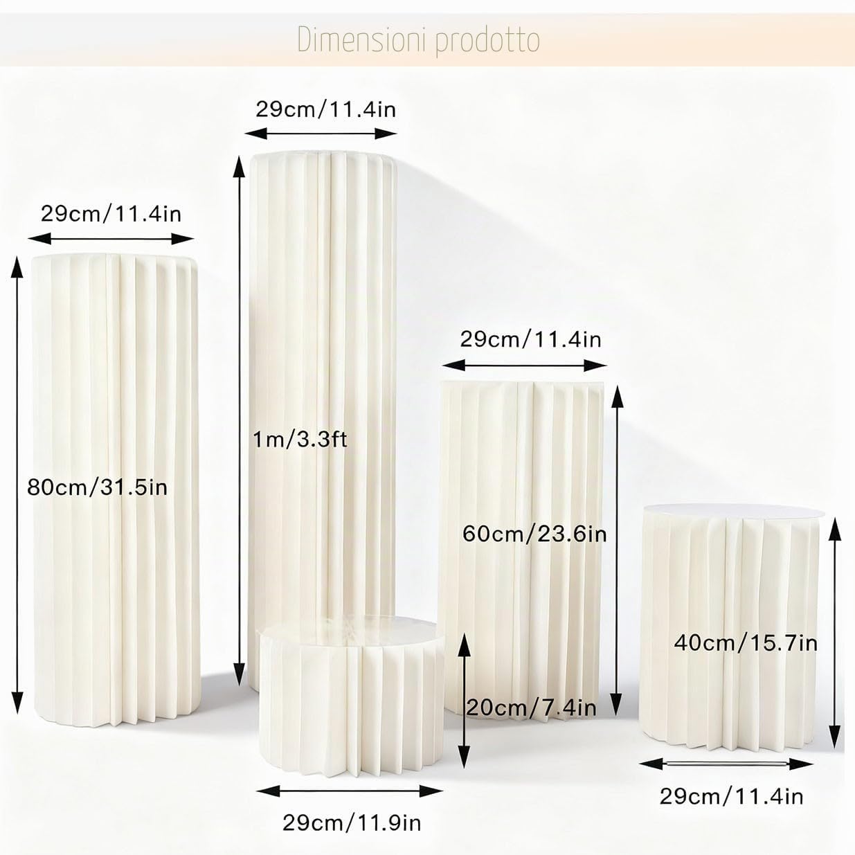 5 vasi Colonne espositive Pieghevoli cilindrici in PVC Bianco per Decorazioni di tavoli per Matrimoni, fidanzamenti e Compleanni, Supporti per Cartone Feste, piedistalli espositori