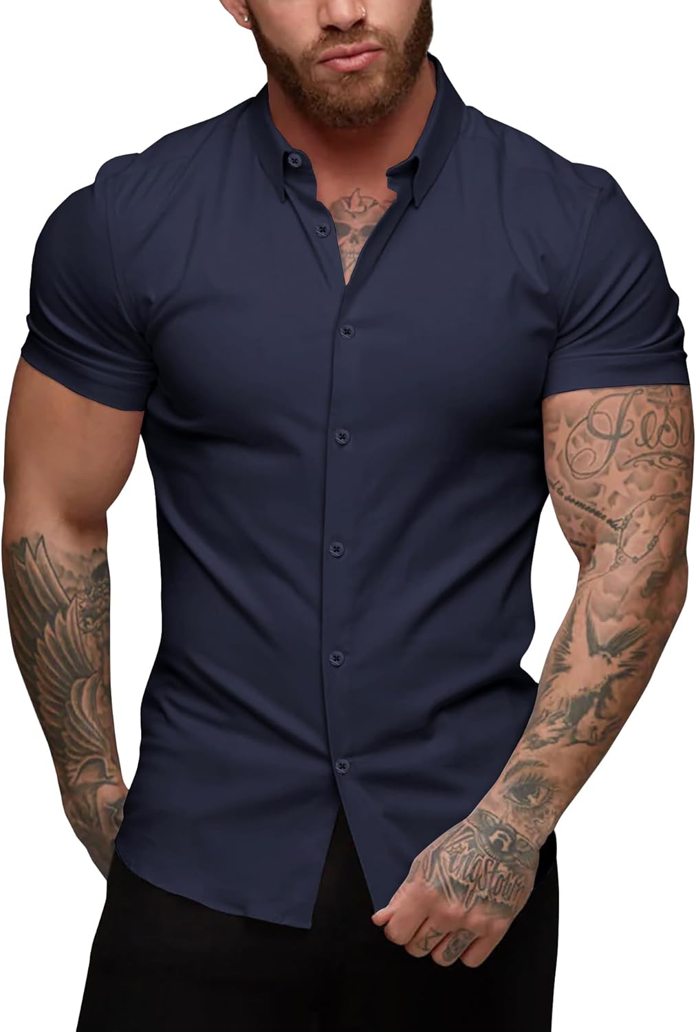 URRU Men's Muscle Dress Shirts Slim Fit Stretch Short Sleeve Casual Button Down Shirts for Men