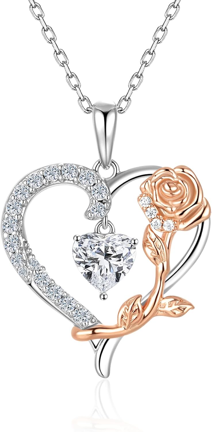 Heart Necklace for Women, 925 Sterling Silver Heart Rose 1 Carat Cubic Zirconia Necklaces Trendy Jewelry Heart Necklaces Birthday Valentines Day Gifts for Girlfriend Wife Women