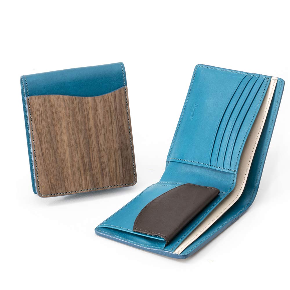Smart Wallet, Men's, Women's, Genuine Leather, Natural Wood, Leather, Made in Japan, blue