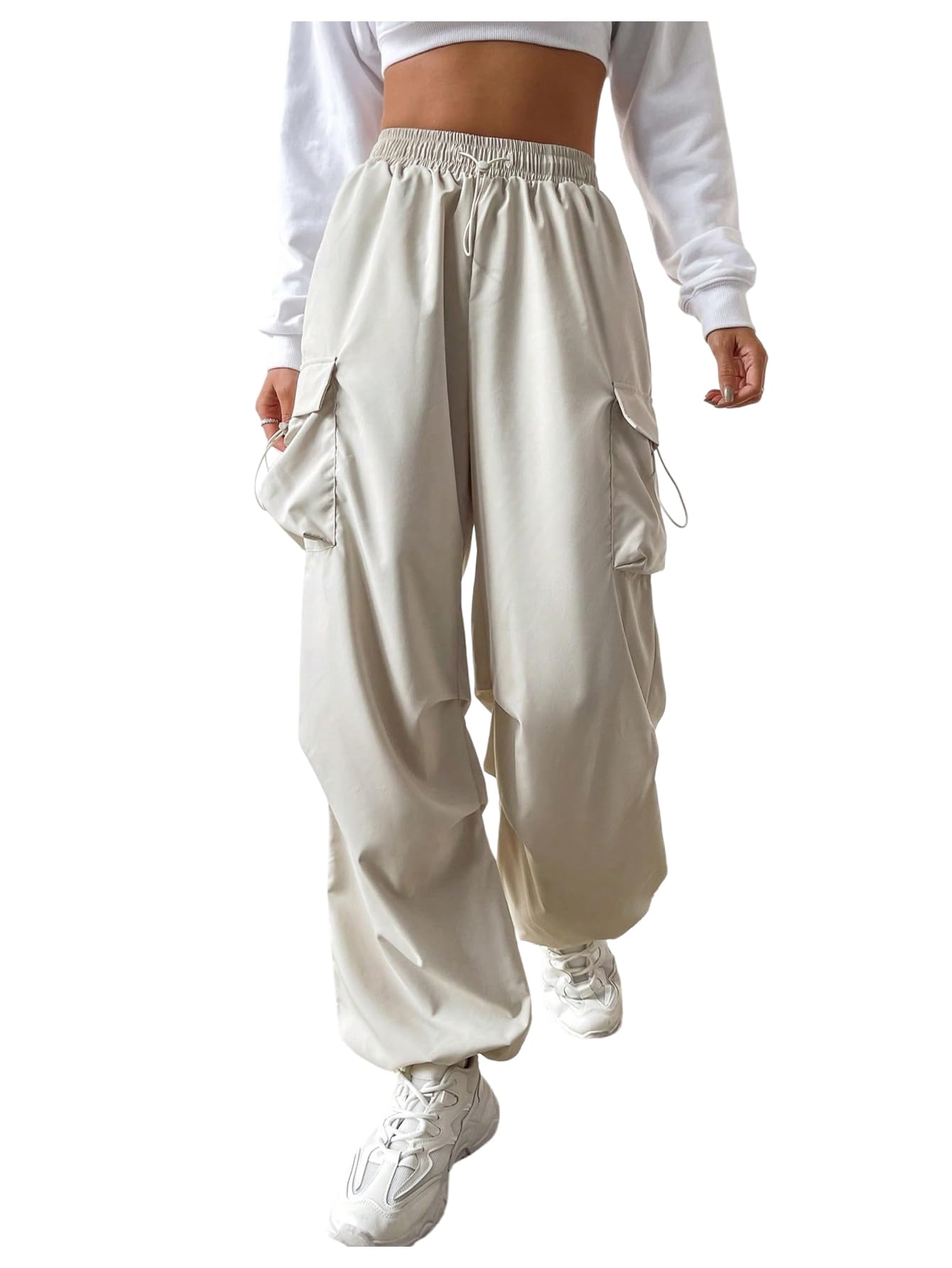 Verdusa Womens Drawstring Waist Cargo Pants Straight Leg Loose Parachute Joggers with Pockets