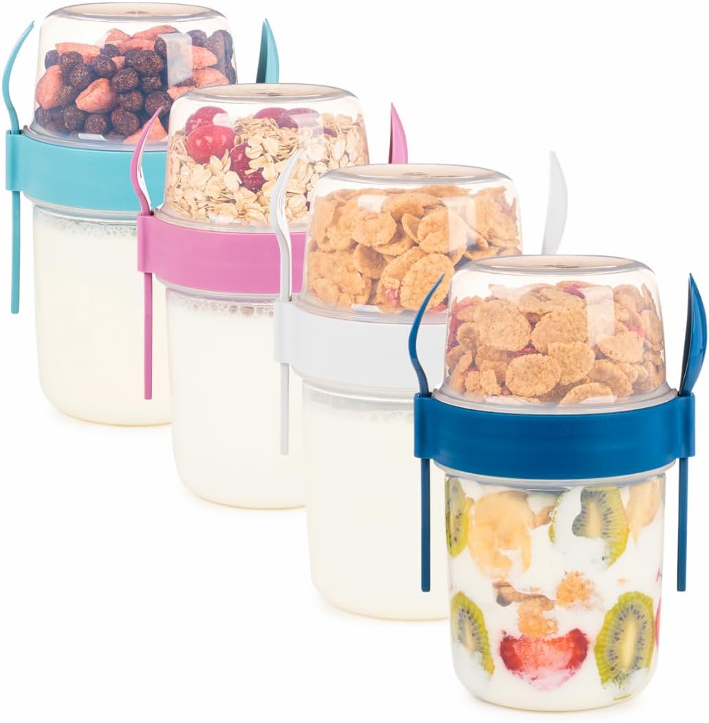 4 Pack On The Go 22 oz Breakfast Cups with Lids and Spoon, Reusable Cereal Yogurt Cup with Topping Plastic Overnight Oats Container for Granola Oatmeal (22 oz - 4 Pack)