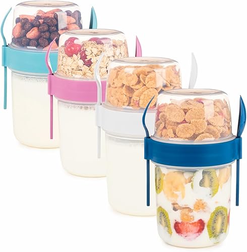 Paquete de 4 Tazas de Desayuno Para Llevar de 22 oz con Tapas y Cuchara, Taza de Cereal y Yogur Reutilizable con Topping, Recipiente de Plástico