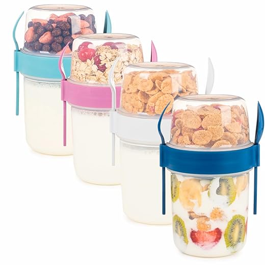 EYNEL 4 Pack On The Go 22 oz Breakfast Cups with Lids and Spoon, Reusable Cereal Yogurt Cup with Topping Plastic Milk Jar Overnight Oats Container for Granola Oatmeal Take Along (22 oz - 4 Colors Set)