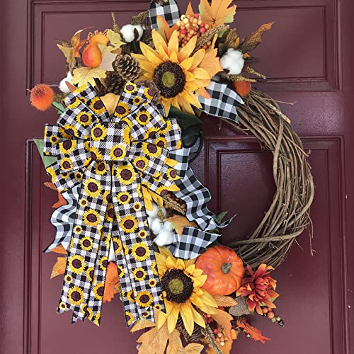 Sunflower-Black-White-Buffalo-Plaid-Wreath-Bow-Large-Rustic-Summer-Fall-Autumn-Sunflower-Gift-Bow-Christmas-Tree-Topper-for-Farmhouse-Home-Indoor-Outdoor-Wedding-Decoration Sunflower Black White Buffalo Plaid Wreath Bow Large Rustic Summer Fall Autumn Sunflower Gift Bow Christmas Tree Topper for Farmhouse Home Indoor Outdoor Wedding Decoration