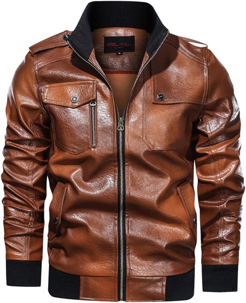 Men Leather Jacket Motorcycle PU Leahter Jacket Windbreaker Faux Leather Jacket Coat