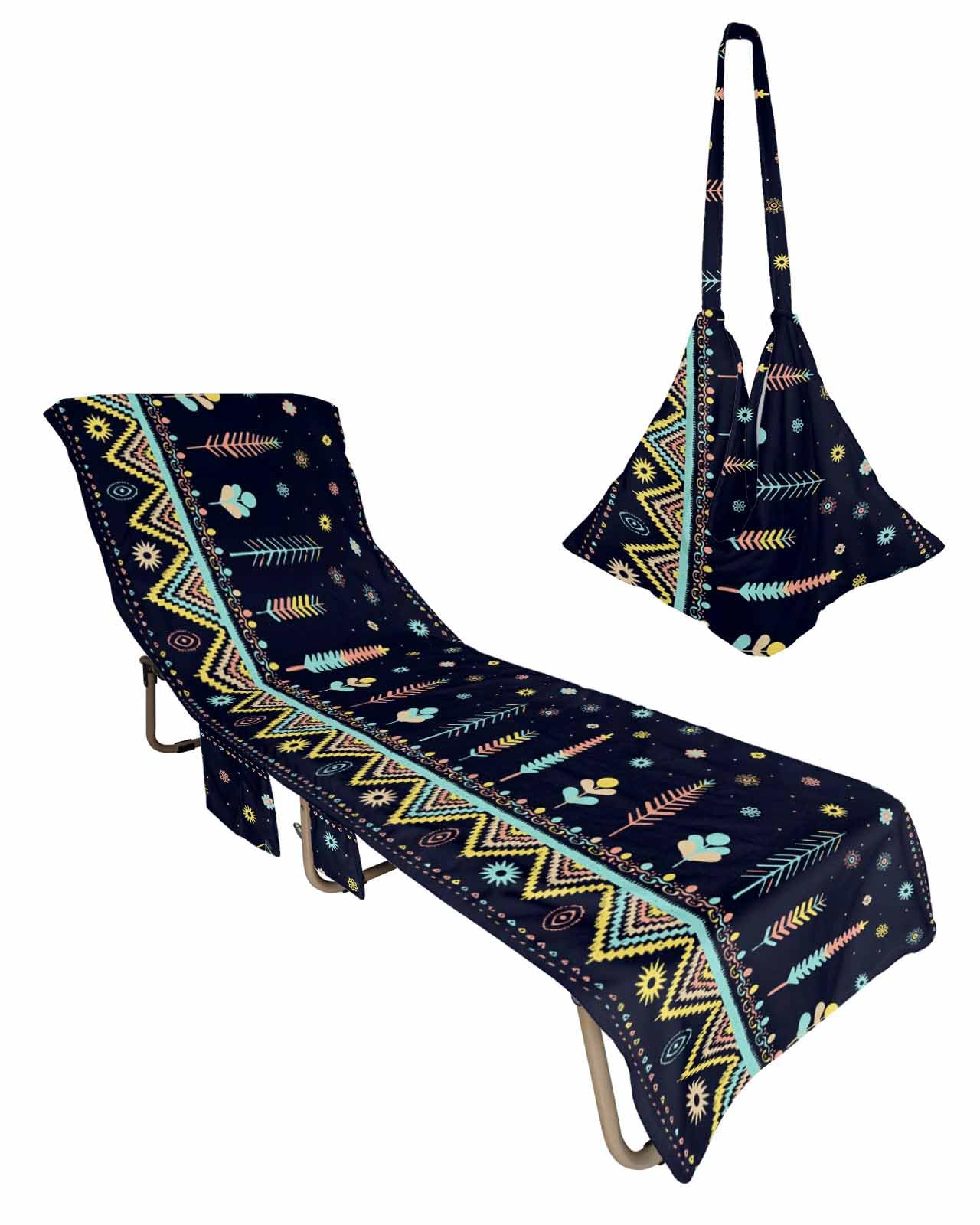 Beach Pool Patio Lounge Chaise Chair Cover Towel with Pockets,Boho Floral Absorbent & Quick Dry Microfiber Towel Cover Bag Summer Travel Accessories BlackBotanical Blue Aztec Tribal Ethnic Bohemian