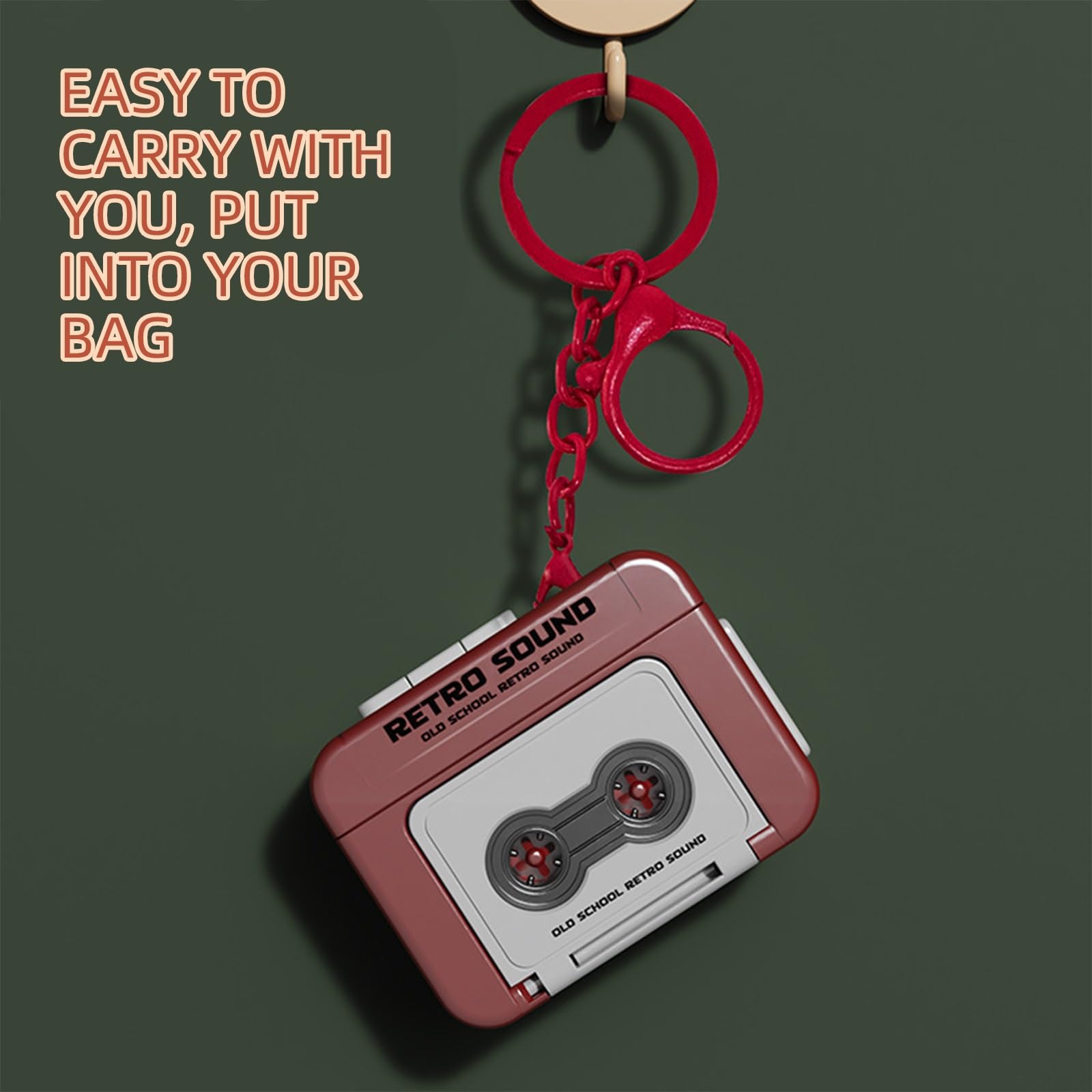 Mini Retro Cassette Tape Deck Keychain, Plays Tapes and Music, Creative Tape Recorder Charm(Red,2pcs)