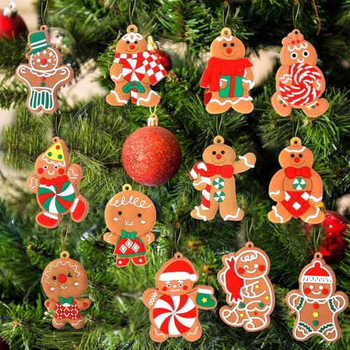 Changxuanmei 12pcs Gingerbread Man Christmas Ornaments, Brown PVC, Hanging, Rustic, Christmas Occasion