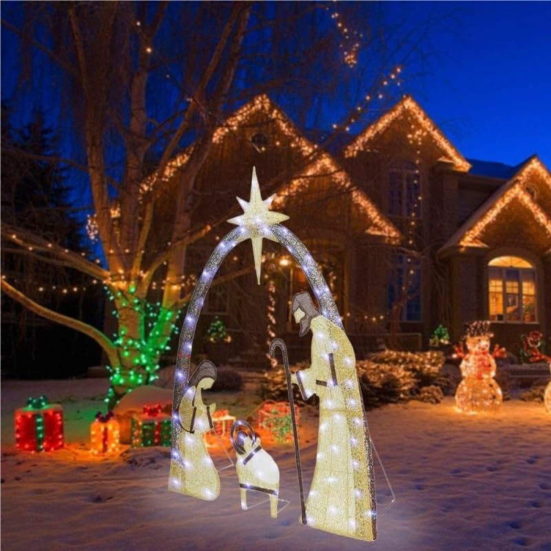 Décoration de Noël extérieure illuminée Crèche, ensembledécorationjardin Noël illuminée, extérieur avec 150 lumières LED pour décorationvacances, Jardin, pelouse(5,5 Pieds)(Blue)