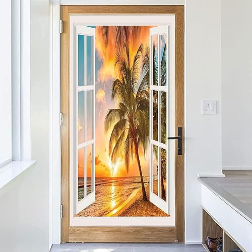 Vista 119 de Tropic - Película 3D para ventana, palmeras tropicales oceánicas en isla soleada, imagen panorámica, para puerta de cristal, baño, sala de estar