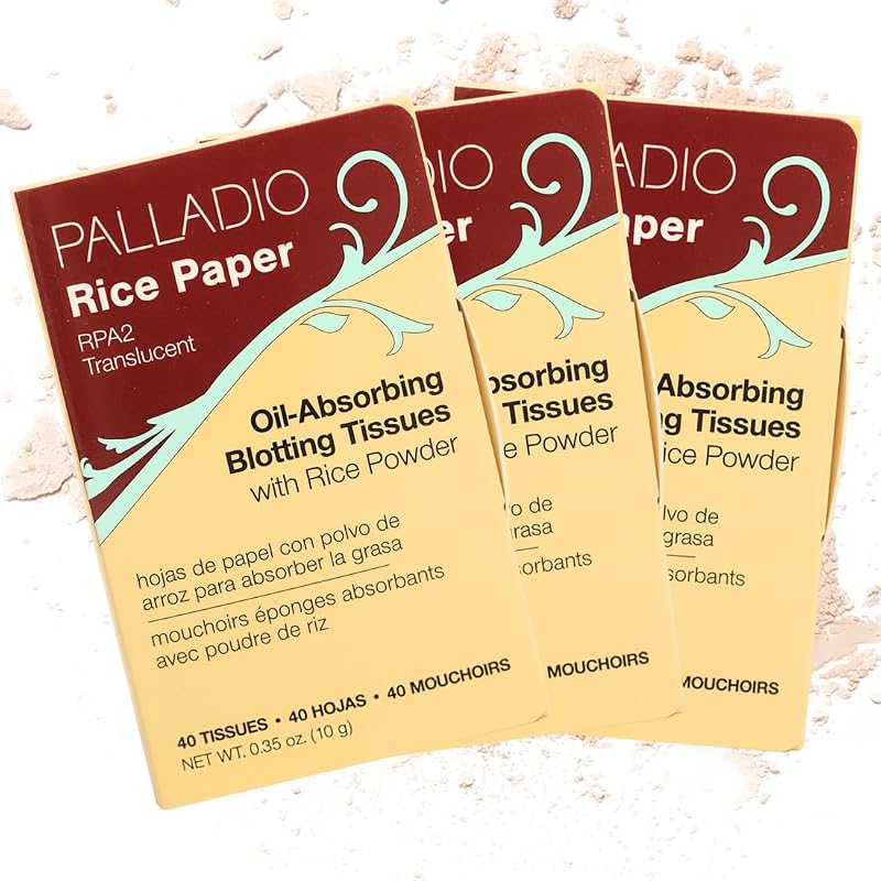Palladio Papel Antibrilho Facial de Arroz Translúcido com Pó de Arroz, 40 Unidades, Pacote com 3