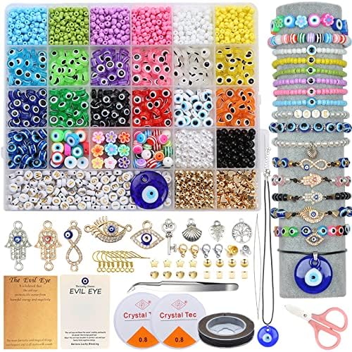 AIFNIY 3045 PCS Evil Eye Bracelets Kit Evil Eye Beads for Jewelry Making with Letter 4mm Glass Seed Beads Gold Pearl Flower Clay Beads Evil Eye Charms for Women DIY Crafts Necklaces Earrings(Kit A)