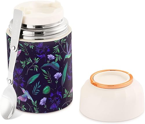 MCHIVER Hummingbirds Tropical Plants Food Jar with Spoon Stainless Steel Vacuum Insulated Food Container 17 oz Food Flask for Adults