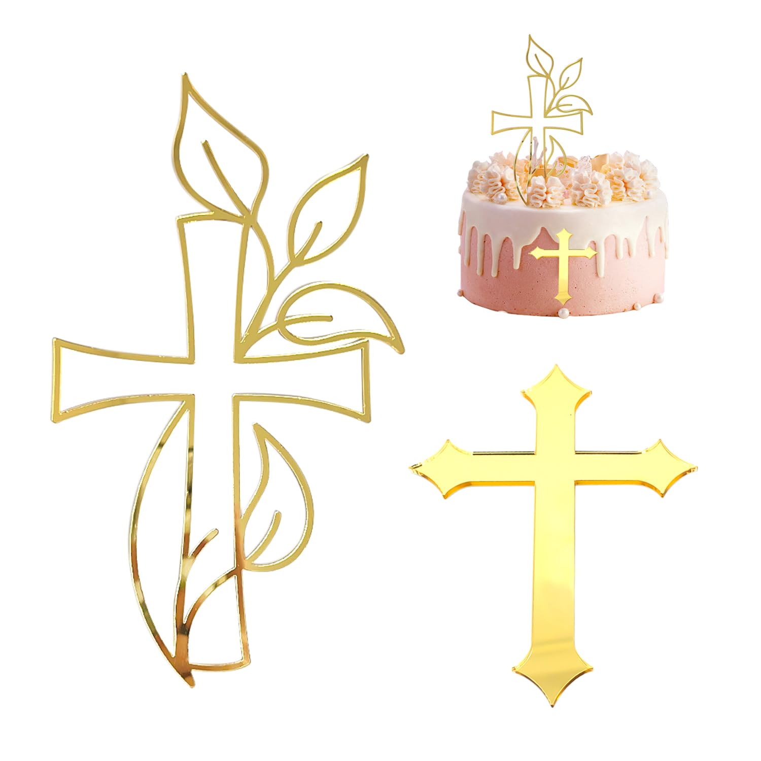 Tvsvkwe Gold 2 Pieces Of Cross Cake Decoration, En Cake Card Insert, Simple Birthday Plug-In, Party Decoration Supplies.