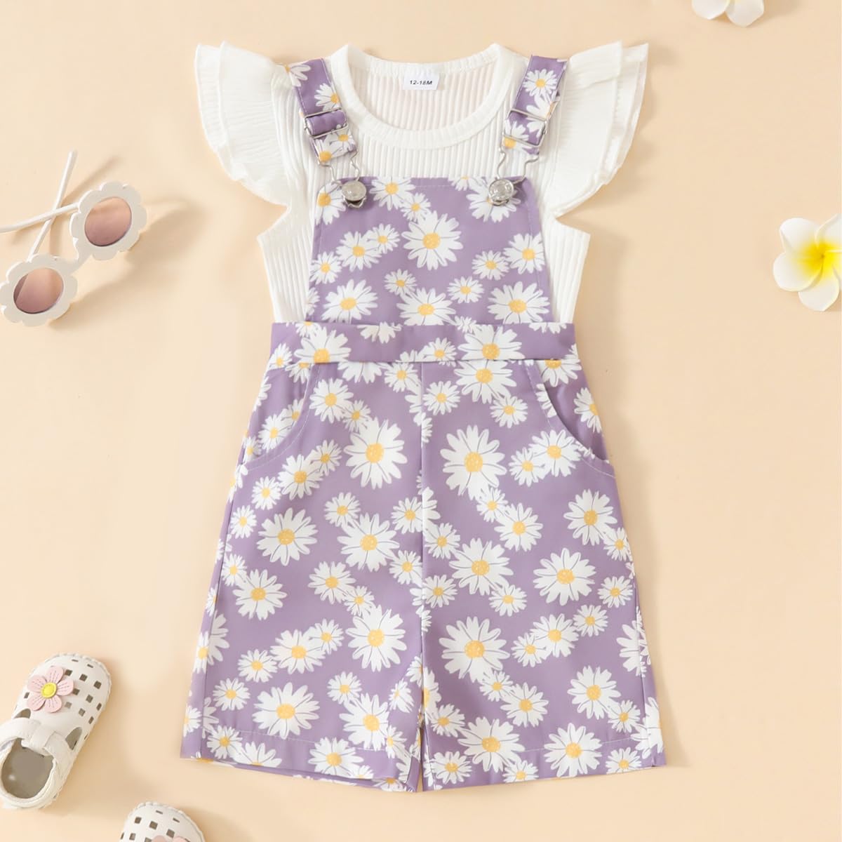 Ensemble Vêtements Bébé Fille d'été Haut Côtelé à Manches Courtes à Volants +Short à Bretelles à Fleurs de Marguerite Mignon 2Pcs Enfants Set - 2