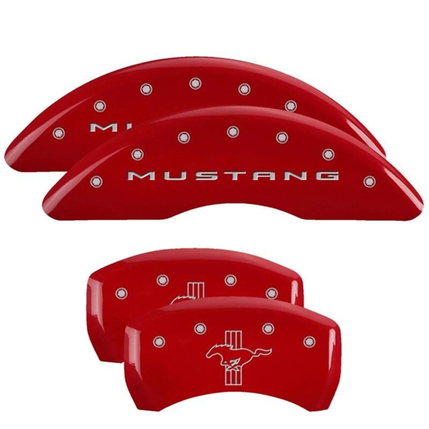 MGP Caliper Covers - Brake Caliper Covers 2015-2023 Ford Mustang (Standard Brakes) - Front and Rear Set - Mustang/Bar & Pony Logo - Red