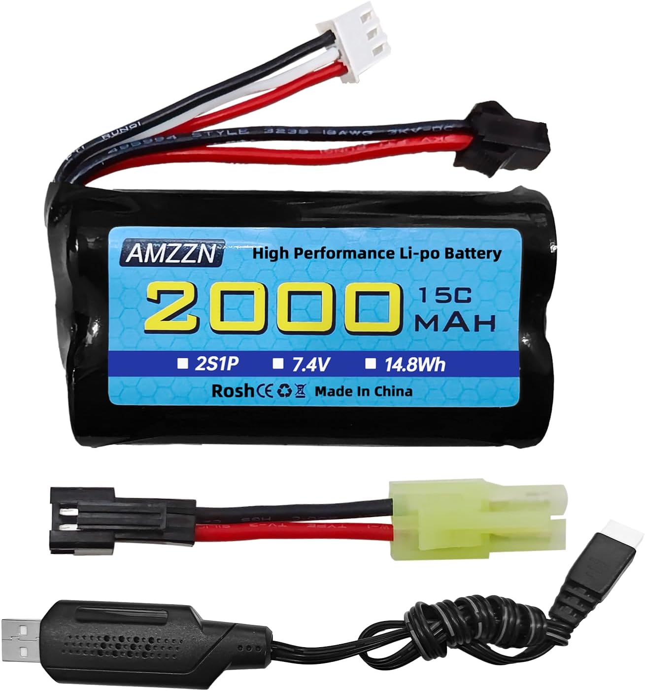 7.4V 2000mAh 15C 2S Lipo Battery with SM-2P Plug and USB Charger for H105 H103 H101 Remote Control Ship and MN D99 D99s D90/91 RC Car, Compatible with Most Toys (1PCS Battery+1 USB)
