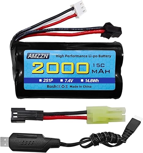 Batería Lipo de 7.4V 2000mAh 15C 2S con enchufe SM-2P y cargador USB para H105 H103 H101 Control remoto y MN D99 D99s D90/91 RC Car, compatible con
