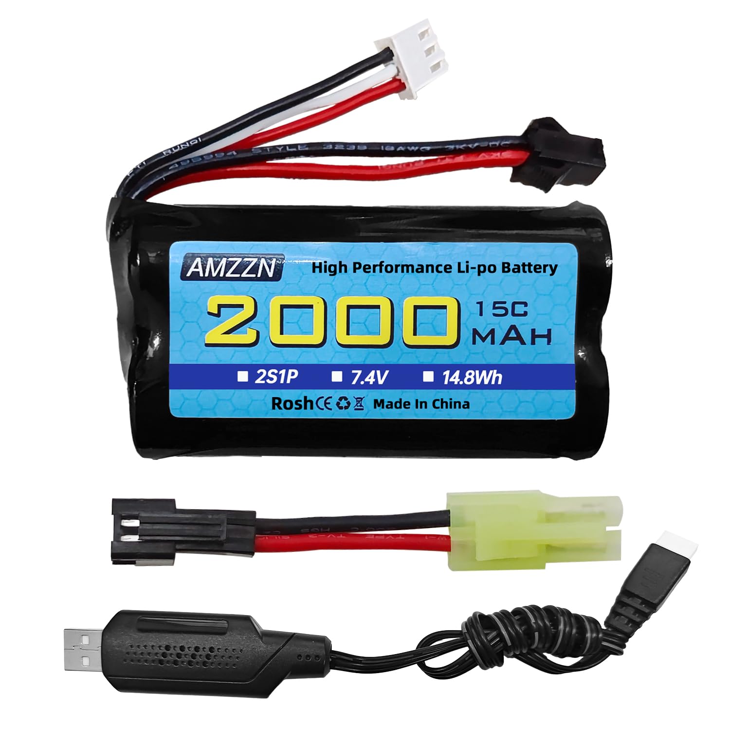AMZZN 2x Batterie Lipo 7.4V 2000mAh 15C SM-3P + Chargeur USB - Compatible DE43 DE60 9500E Huina 1575 RC
