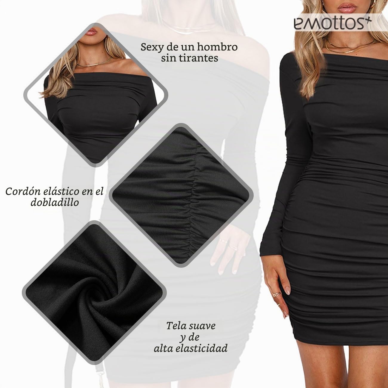 Mujeres Mini Wrap Vestido, Sexy Hip-Hugging Ruched Dresses, Suave Cuello en V Profundo/un Hombro Bodycon de Manga Larga Vestido lápiz, Club Cocktail Party Dress(2 Estilo, S-L)