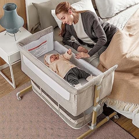 Baby Bassinet Bedside Sleeper, besrey Bedside Bassinet for Newborn Infant with Comfy Mattress, 9 Height Positions, Adjustable Bedside Crib with 360° Swivel Wheels Bassinet for Baby with Storage Basket Cover