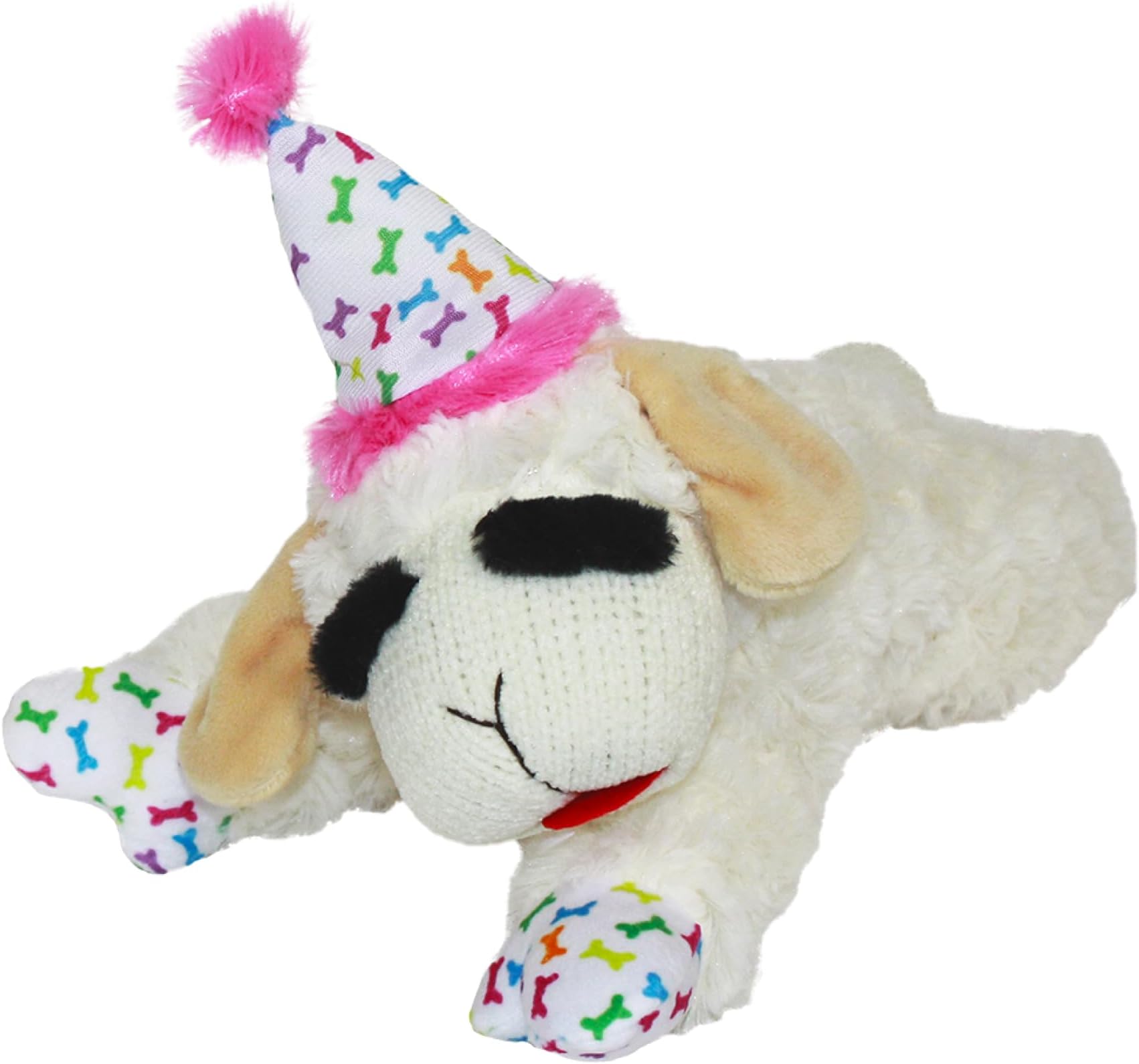 Lamb Chop Dog Plush Toy w/Birthday Hat - Squeaky Toy for All Dogs - Soft Plush - Stuffed Animal Dog Toys for Playing - Cute Birthday Toy (10.5”, Pink Hat, 5 Squeakers)