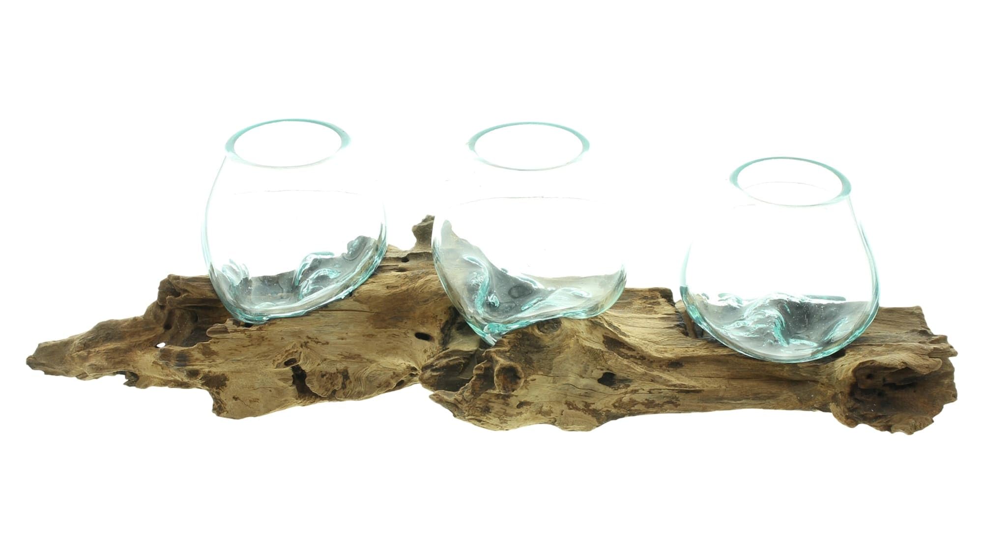 Dekoleidenschaft Wandvase Wurzelholz Wandboard mit 3 Glasvasen, 56 cm lang, Handarbeit von Bali, Unikat, Wand-Windlicht, Teelichthalter
