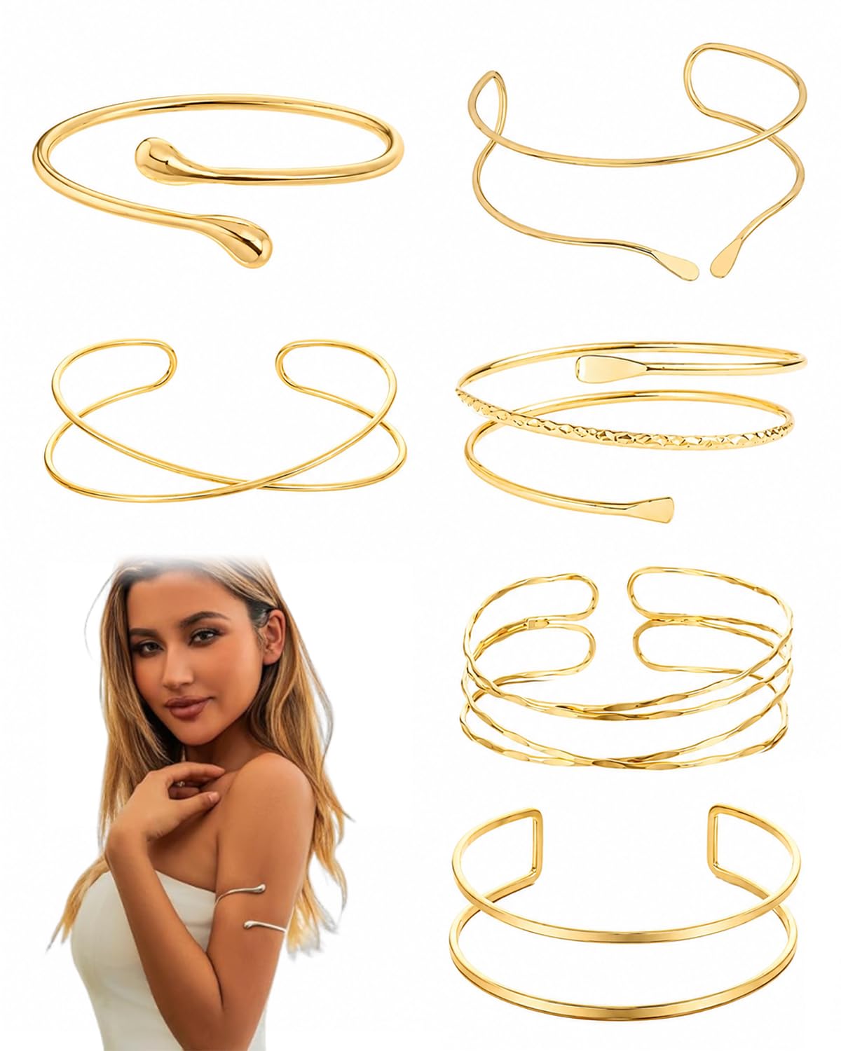 YIPFEN Set de 6 Brazaletes Dorados Mujer, Pulseras Ajustables para Brazo Superior y Muñeca, Joyería Minimalista Boho para Festival, Fiesta y Conjuntos de Verano