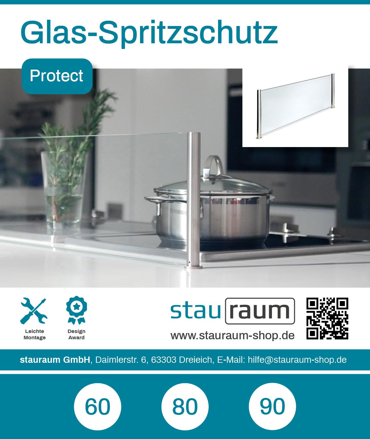 Freistehender Spritzschutz | ESG-Sicherheitsglas | Kochinsel & Herd | Schlichte Halterung | Edelstahleffekt oder Schwarz | Kücheninsel | 60, 80, 90cm (Edelstahleffekt, 60 cm)