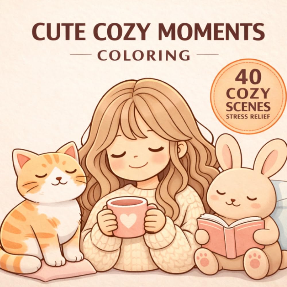 Cute Cozy Moments Coloring: 40 Relaxing and Stress Relief Scenes with Cute Characters, Animals and Cozy Vibes (The Cozy Moments Collection)