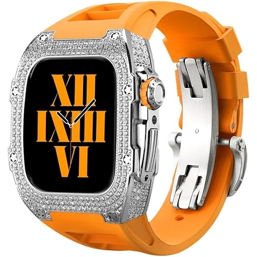 KGDHB 44MM 45MM All Diamond Watch Case Fluororubber Band, Para Apple Watch 8 7 6 5 4 SE 44mm 45mm Series, RM Style Watch Case Sport Respirável Strap Acessórios de Substituição (Cor: C, Tamanho: 45 mm)