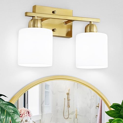 Vanidad de baño de 2 luces, luces de baño sobre espejo con pantallas de vidrio esmerilado blanco lechoso, luz dorada para espejo, sala de estar,