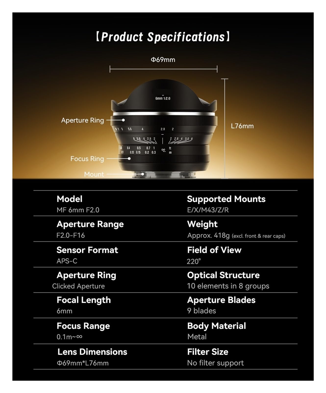 DSLR Camera Lens, Objectif Fisheye 6 mm F2.0 APS-C, Compatible avec Sony E