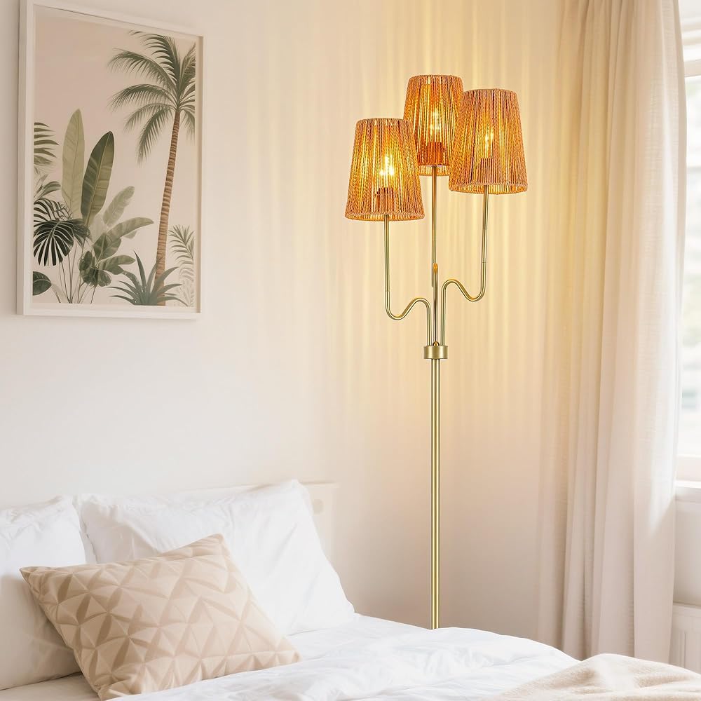 Photo 1 of MAYNA 3-Light Gold Rattan Floor Lamp