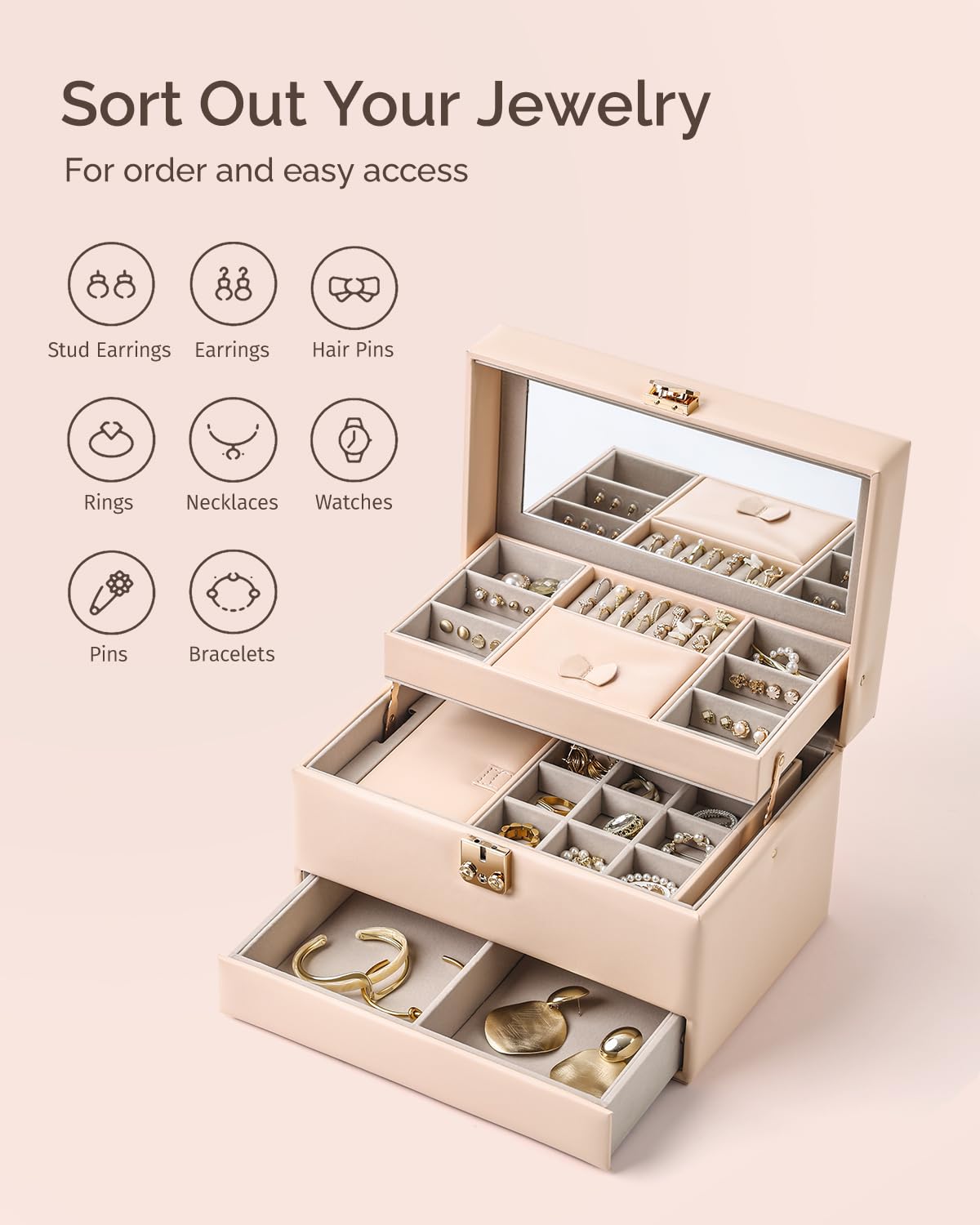 CASEGRACE Schmuck-Organizer-Box, 3-lagig, Leder, Schmuck-Aufbewahrungsbox mit tragbarem Schmucketui, herausnehmbares Schmucktablett, Aufbewahrung für Zuhause und Reisen, Geschenk für Frauen (Rosa)