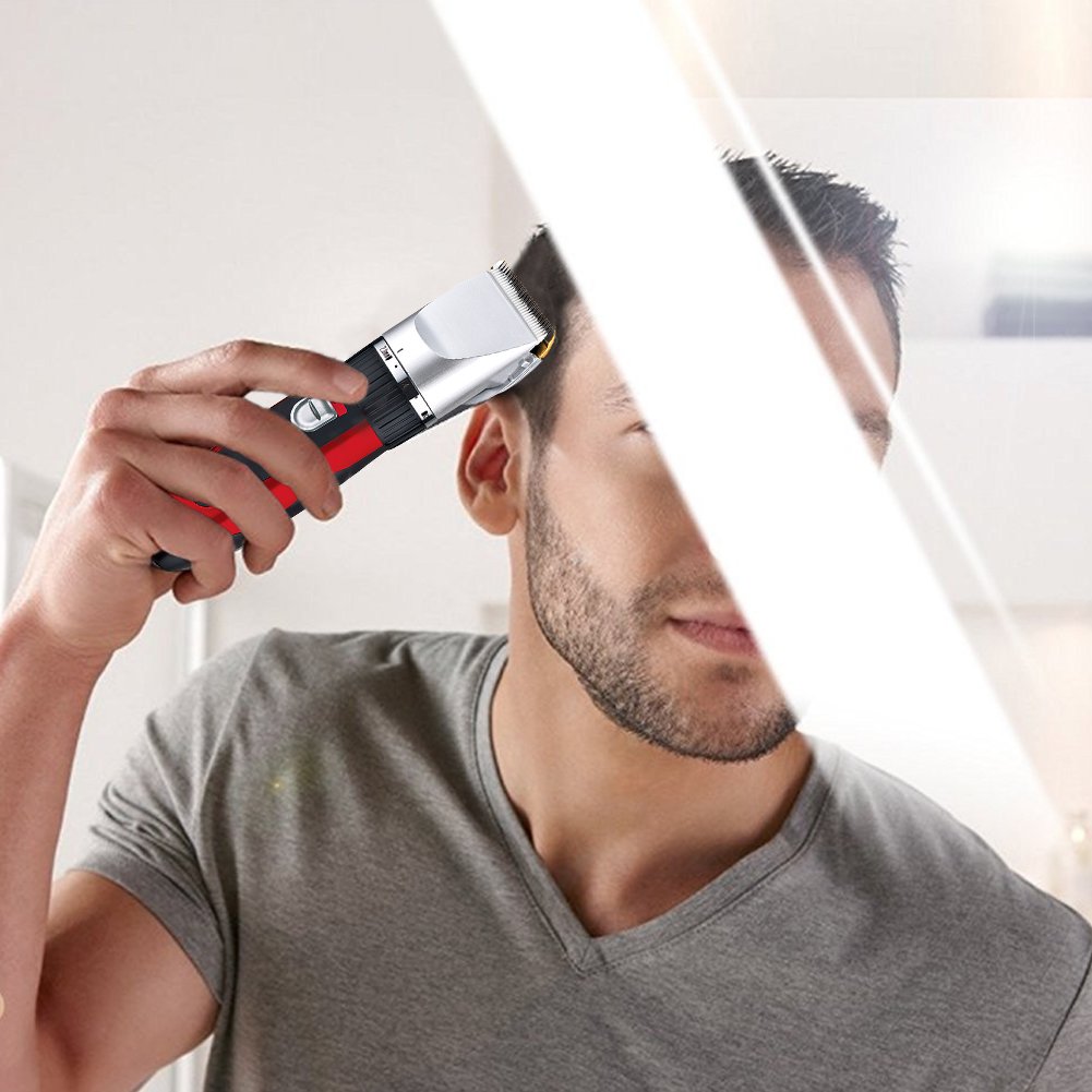 Surker Rouge Tondeuse Cheveux Professionnelle Tondeuse Barbe Rasoir Electrique Sans Fil Rechargeable avec 4 Peigne pour Enfants, Adultes, Personnes Agées,Rasoir électrique