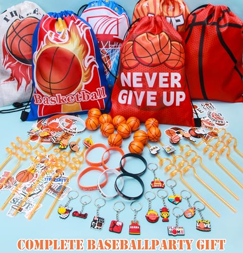 J6&H6 110 Pcs Basketball Party Favors Basketball Goodie Bags Including 12 Basketball Drawstring Bags Stress-relieving Basketball Straws Keychains for Basketball Party Gift (basketball favor)