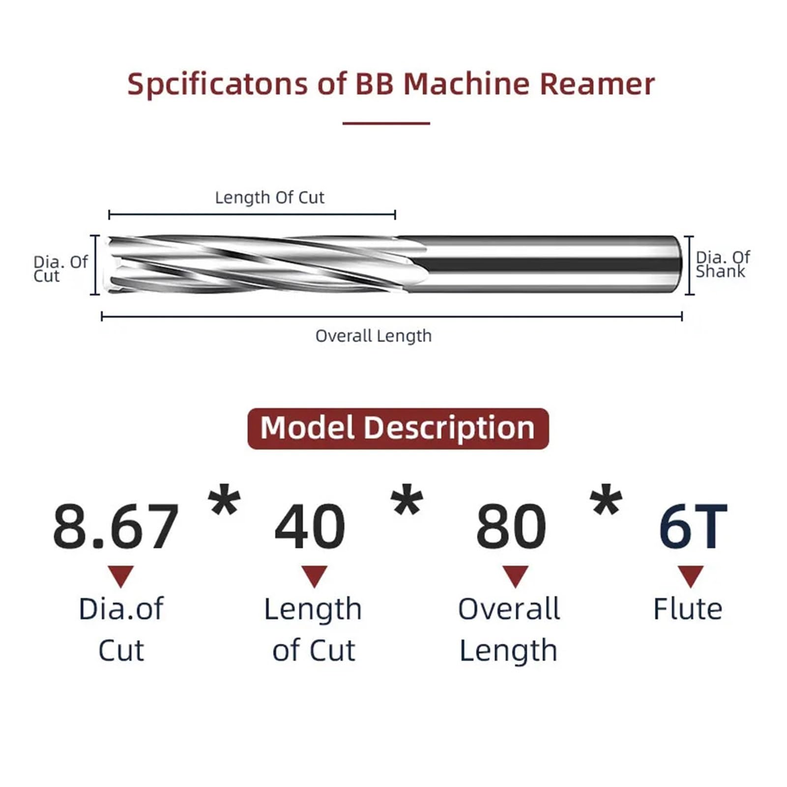8,67–12,09 Maschinenreibahle Spiralnut Vollhartmetall Unbeschichtet Toleranz-Spannfutter Metallschneider CNC For Aluminium(8.82mm)