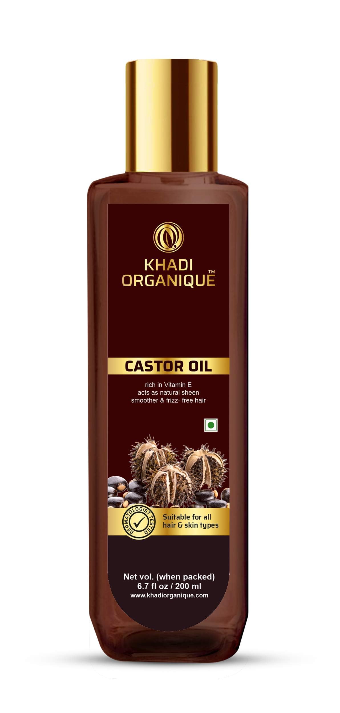 Khadi Organique Castor Oil | 100% Pure & Cold Pressed Virgin Grade – 200ml | For Hair Growth, Moisturizing Dry Skin, Nails & Eyelashes | Vitamin E & Fatty Acids | No Mineral Oil | All Skin types