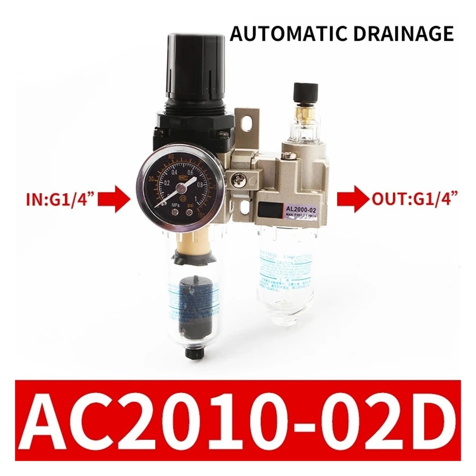 AC2010-02, AC2010-02D Filtr regulatora ciśnienia w oponach ze smarownicą, separatorem oleju i wody, urządzenie do uzdatniania powietrza (AC2010-02D)