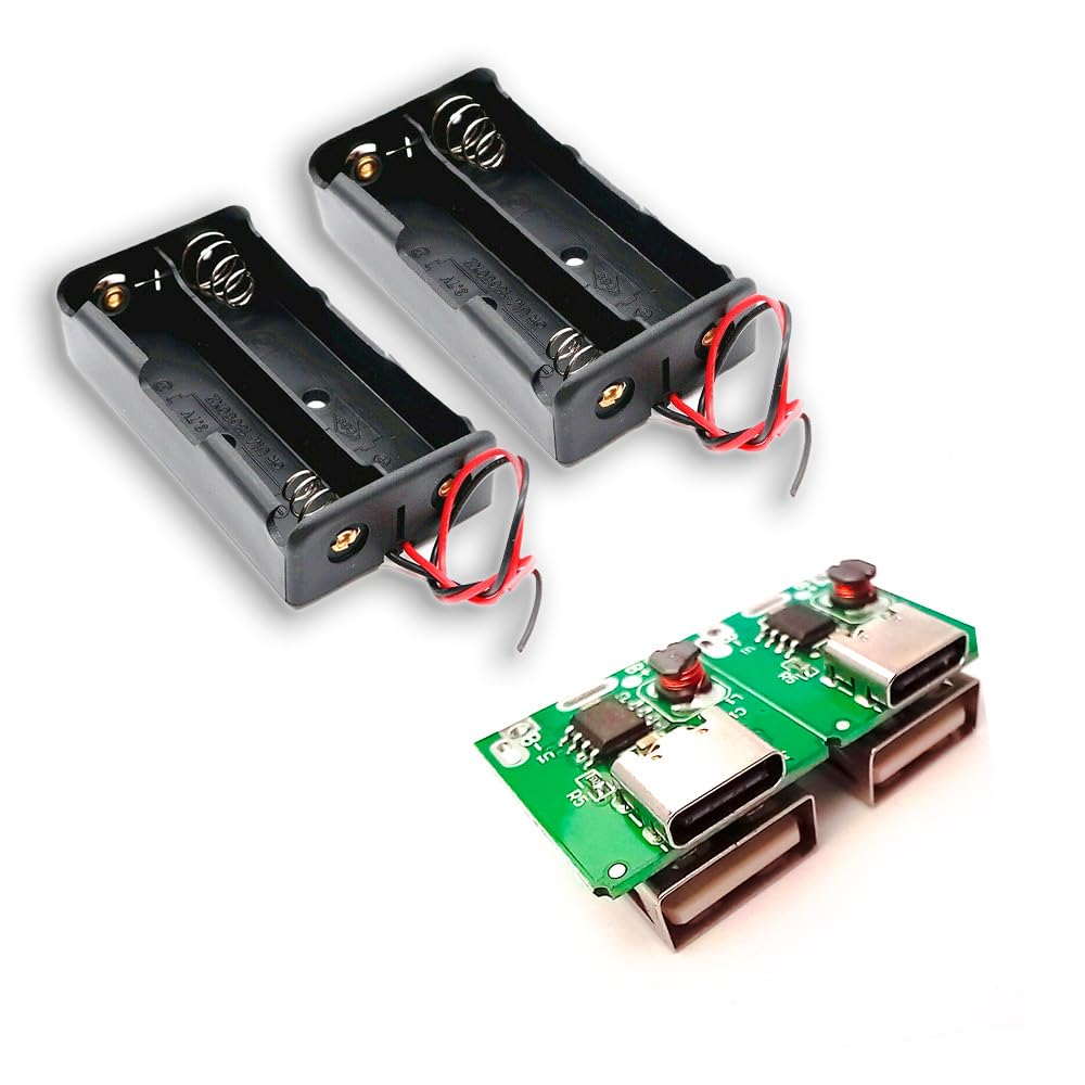 Combo of C-Type Power Bank Module/Board kit and 18650 Battery/Cell case/Holder, 5V Input for Charging Lithium Rechargeable Cells, up to 5000mah. Green. Pack of 2X (case+Module)