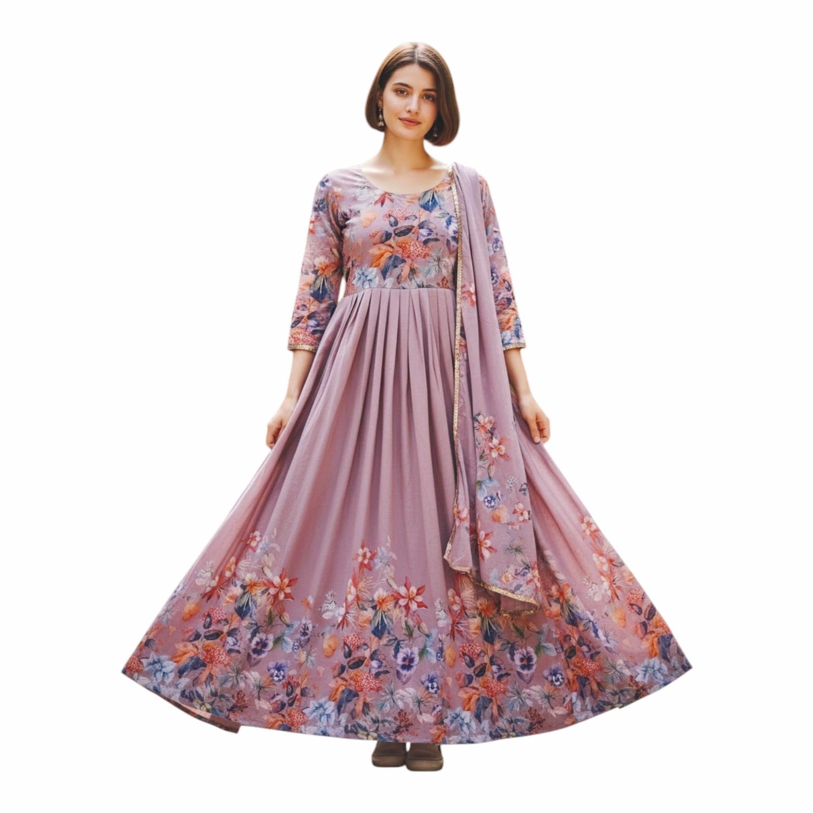 Women's Floral Print Soft Silk Anarkali Gown with Dupatta, 2 Piece Ethnic Set, Fully Lined, Round Neck, Full Sleeves, Flared Traditional Dress for Festive, Wedding, Mauve Pink-image-23
